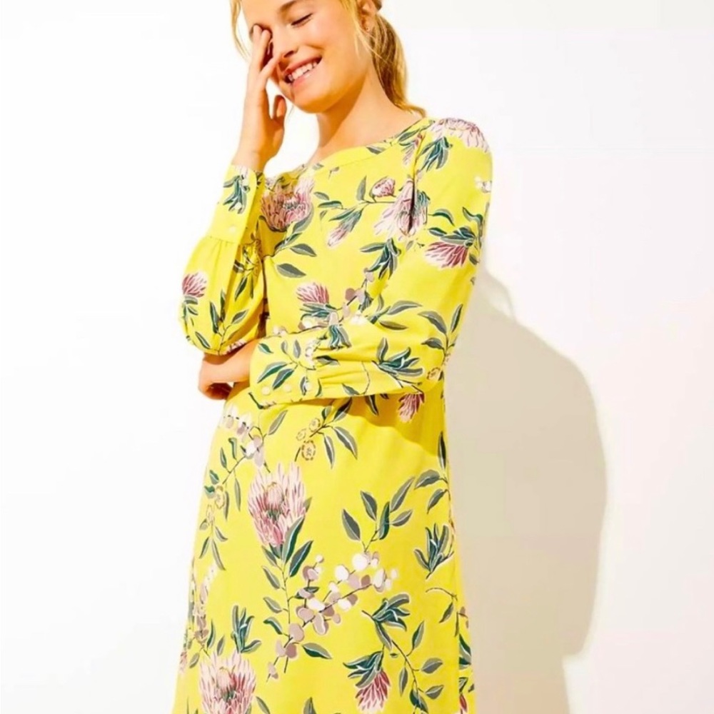 Ann Taylor LOFT Floral Boatneck Long Sleeve Shift Dress Yellow